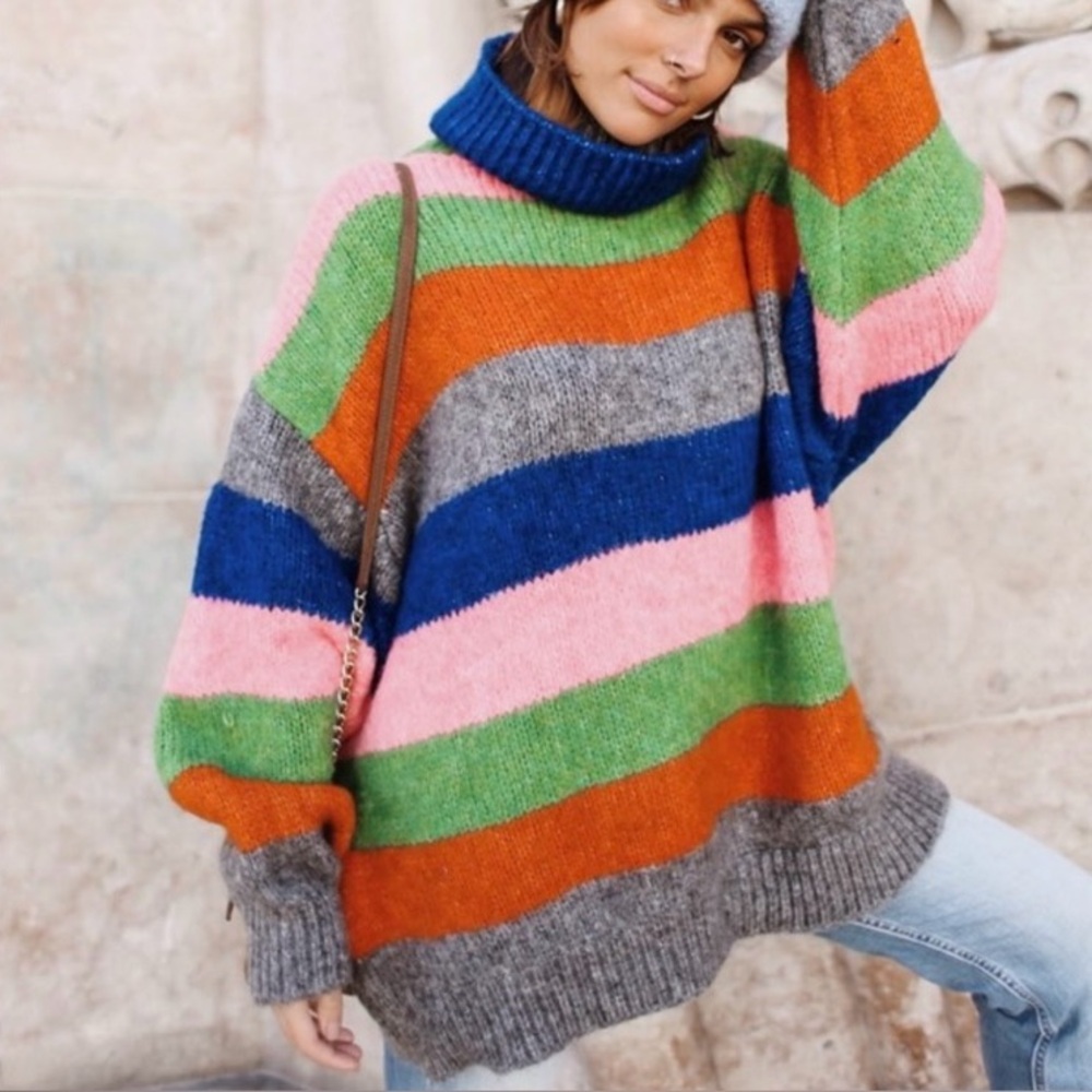 Zara // Oversized Bold Stripe Turtleneck Sweater